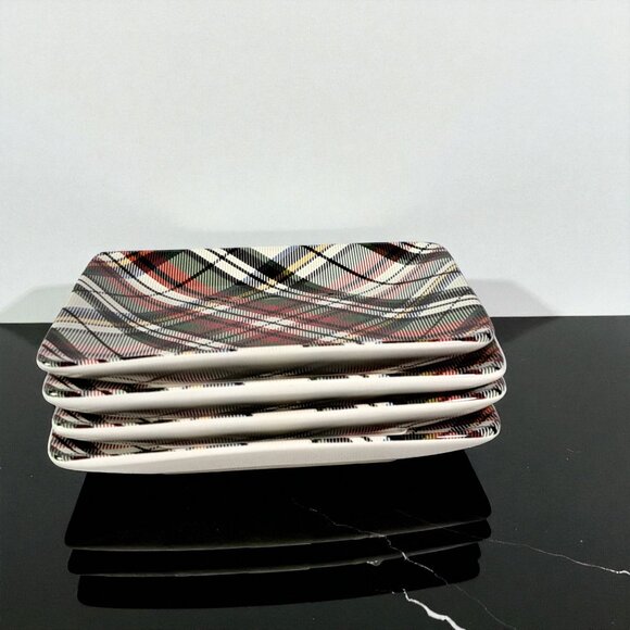 Set Of 4 Pottery Barn Denver Red Plaid Appetizer Plates Square 5.75” Stoneware - Picture 9 of 14